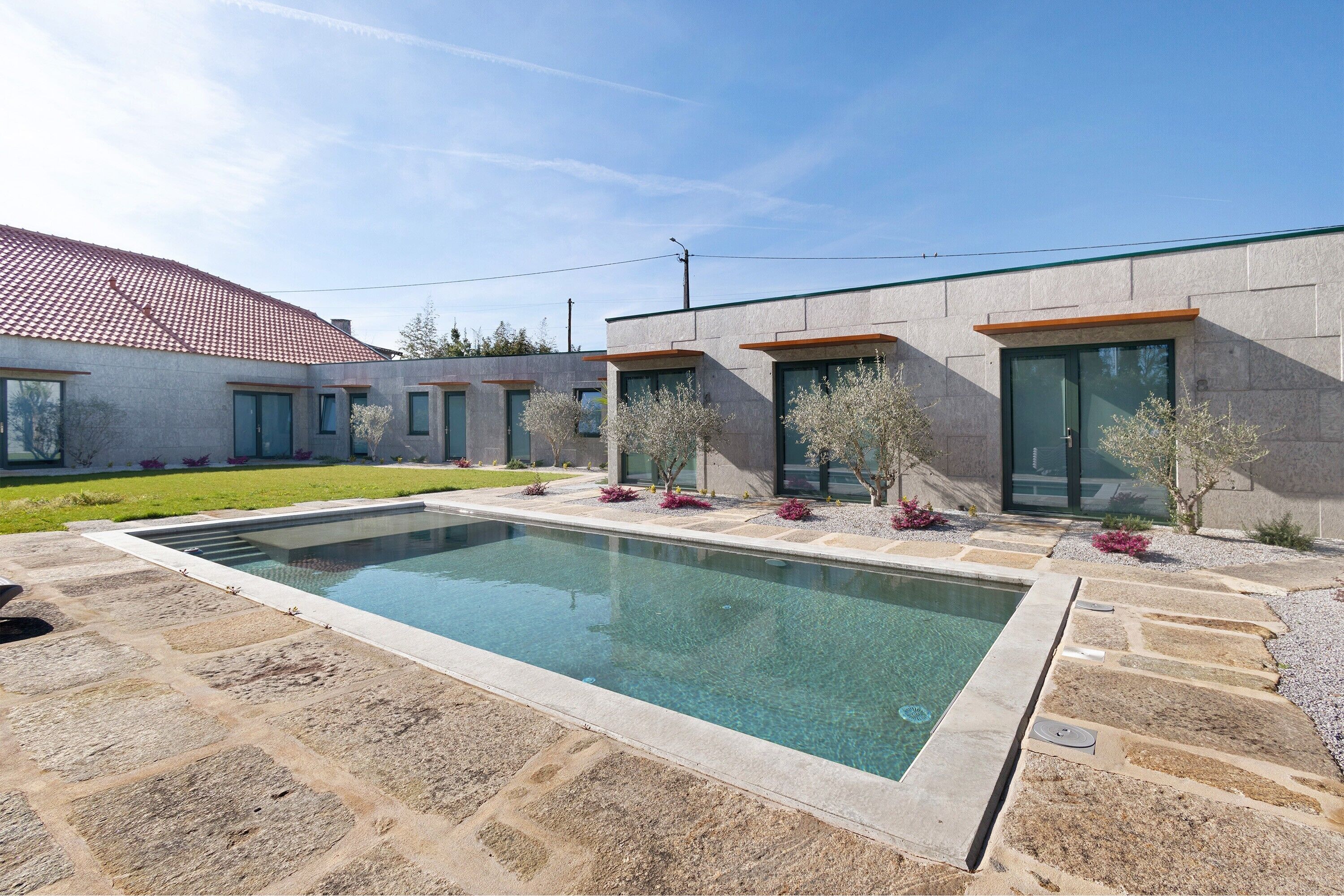 A modern house with a swimming pool, stone pathway, and small trees.