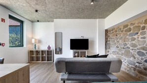 Une pièce moderne avec un canapé gris, un téléviseur à  écran plat, un mur décoratif en pierre et un plancher en bois.