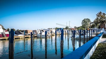 Een jachthaven met boten afgemeerd, houten palen en een heldere blauwe lucht.