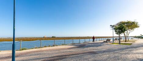 A paved walkway by a body of water with benches and a lamp post.