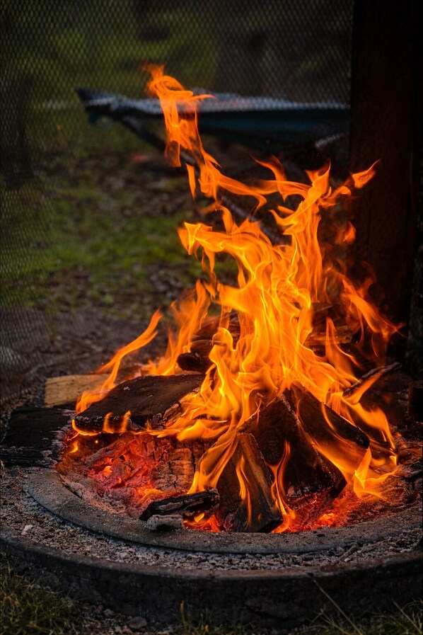 A campfire with logs and burning embers in a circular fire pit.
