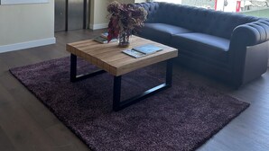 A modern living room with a wooden coffee table, a dark brown rug, a grey sofa, and a large window offering a view of a construction site. - Tudcon Palm (Madrid)
