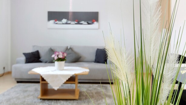 Ein modernes Wohnzimmer mit einem grauen Sofa, einem Couchtisch und einem Gemälde an der Wand.