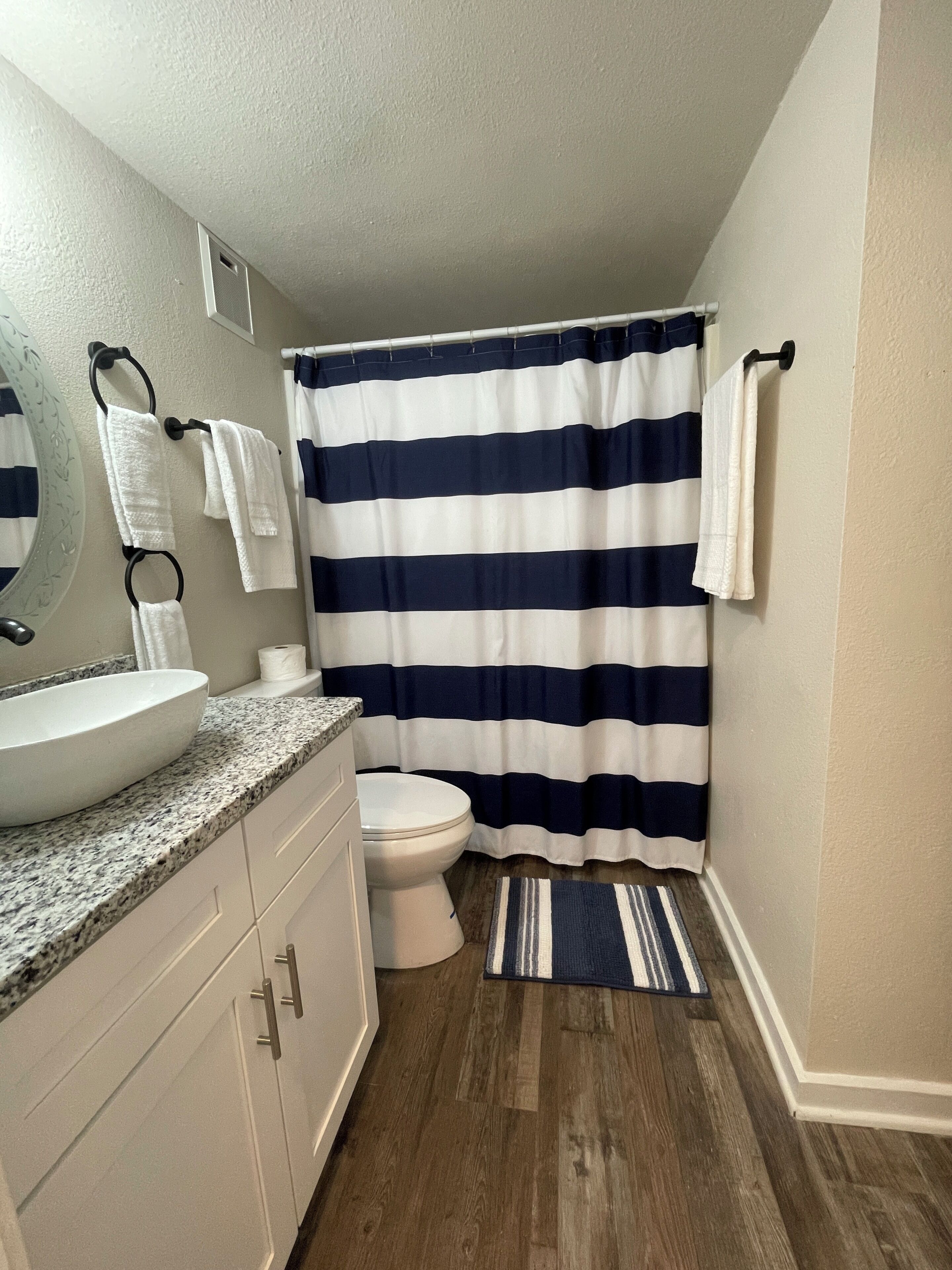 A bathroom with a white sink, a toilet, a striped shower curtain, and a small rug.
