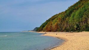 A beach with a forested hillside, clear sky, and calm sea. - Holiday home, large garden with gazebo, playground (Debina)