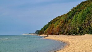 A beach with a sandy shore and a forested hillside. - Holiday home, large garden with playground, gazebo (Debina)