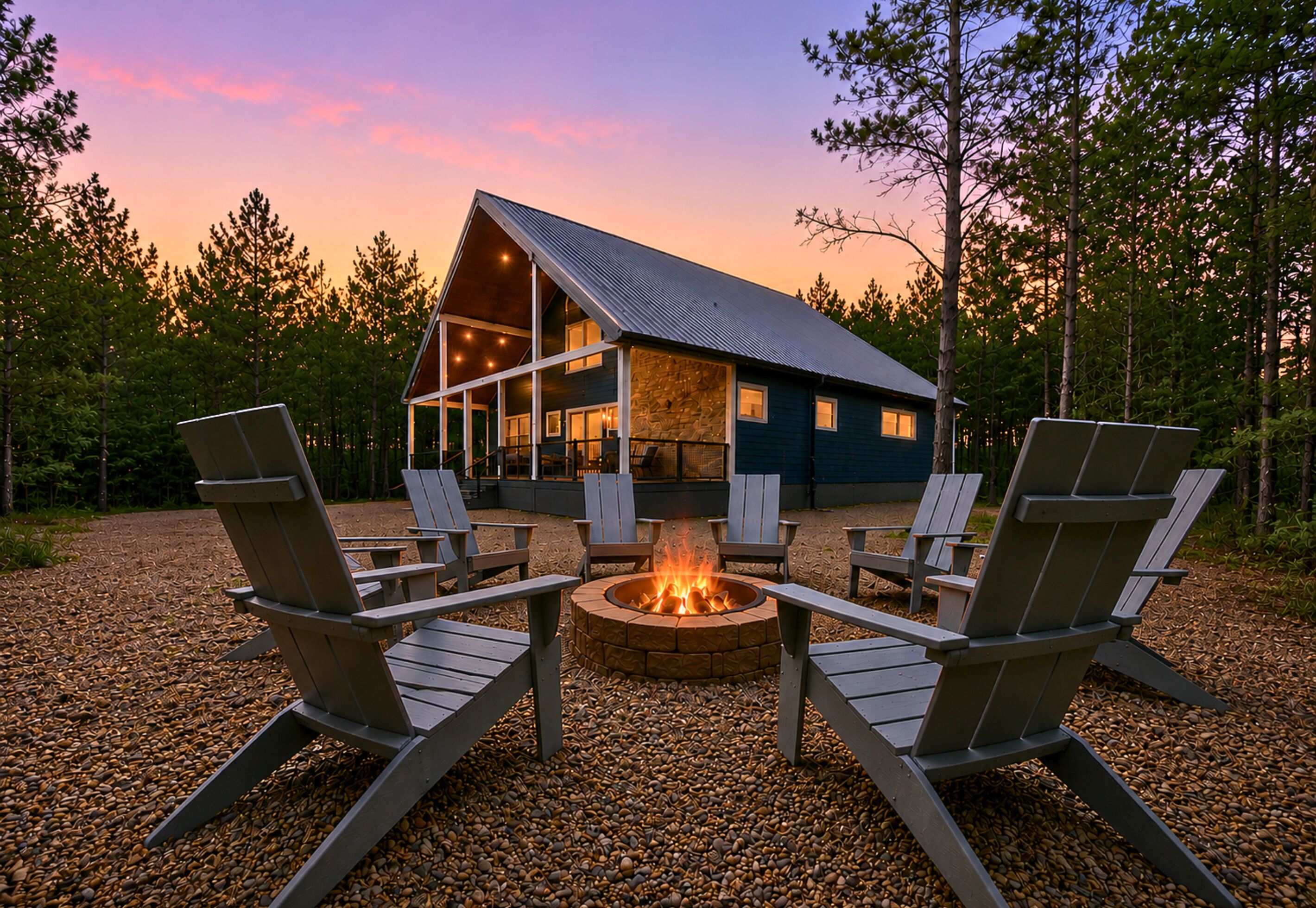 A cabin with a fire pit and Adirondack chairs in a forest setting.