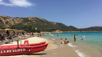 A beach with a red boat labeled 'LIVATAGGIO' and people in the water.