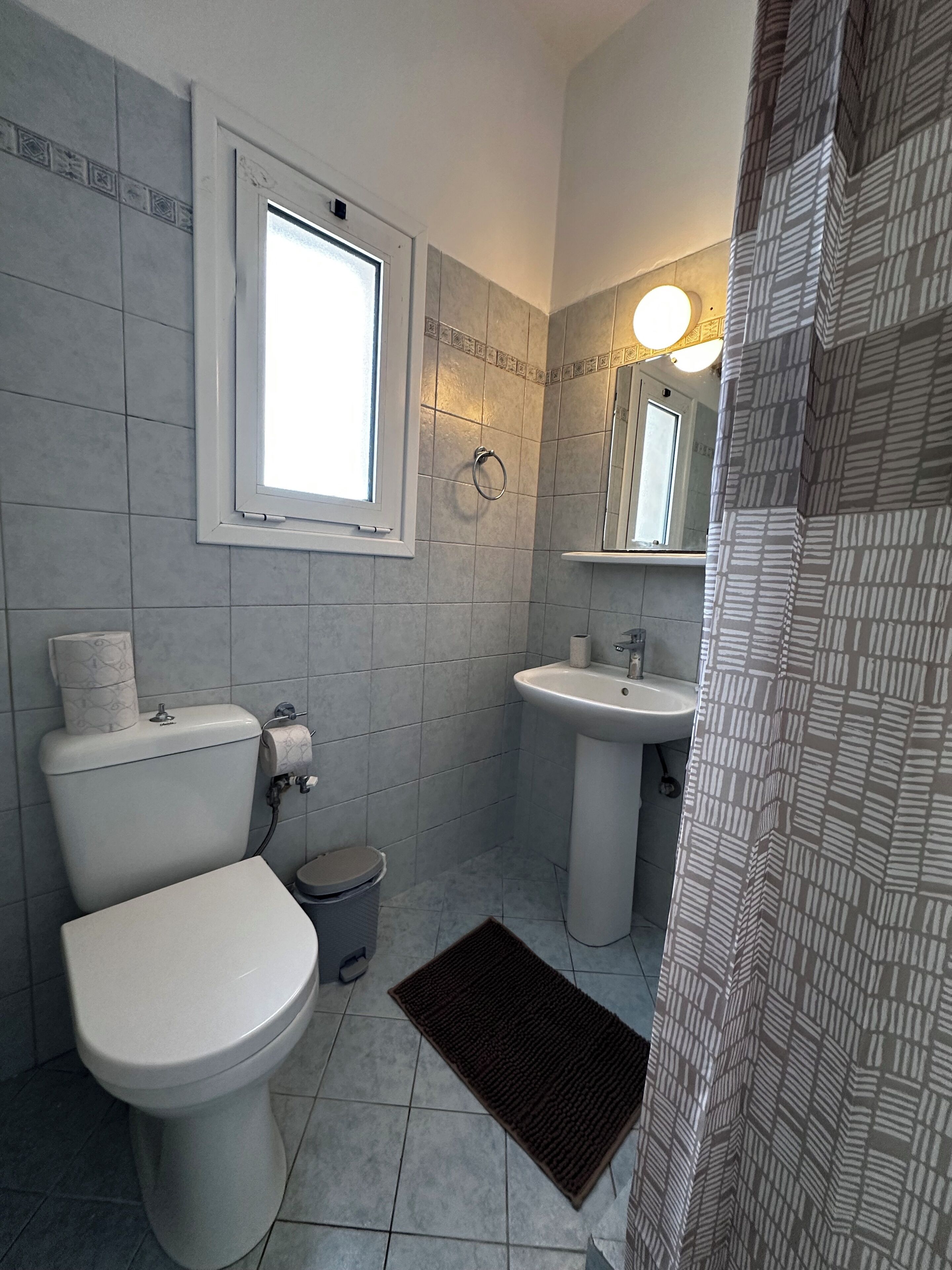 Secadora de cabello, toallas, jabón, papel de baño 