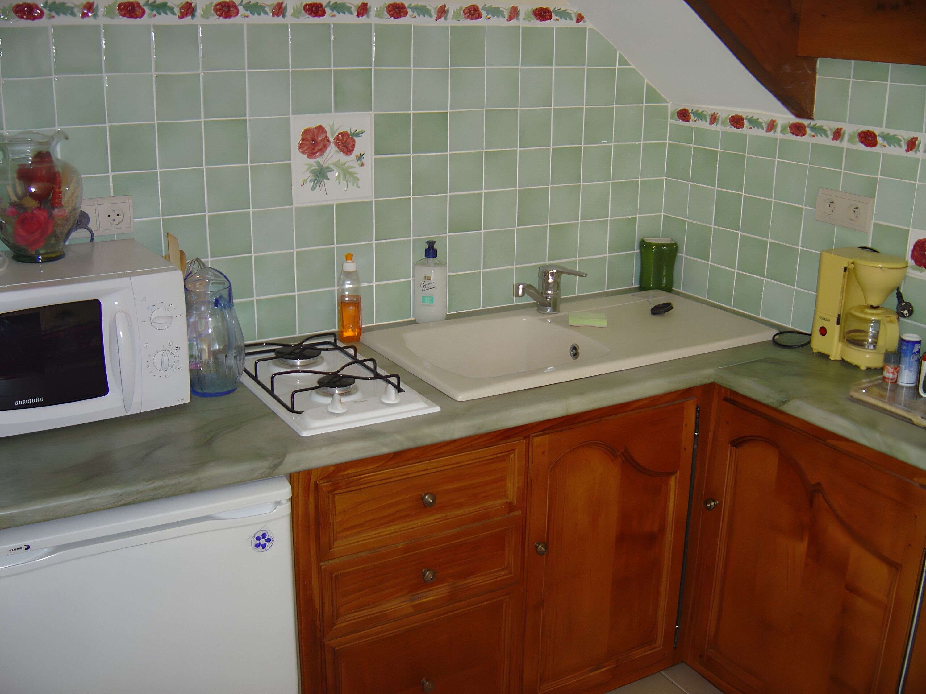 Fridge, microwave, stovetop, coffee/tea maker