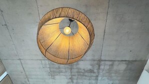 Un techo moderno con un aplique circular y una lámpara colgante más pequeña.