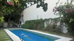 Ein rechteckiger Swimmingpool mit glasklarer, blauer Wasseroberfläche, umgeben von einer Steindeck und einer Rasenfläche.