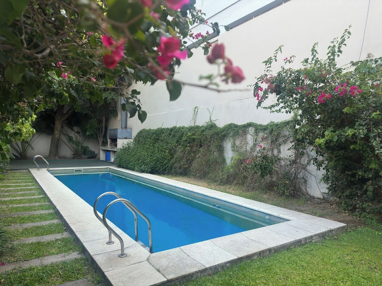 Una piscina rettangolare con una scaletta metallica su un lato, circondata da un'area erbosa e vegetazione rigogliosa.