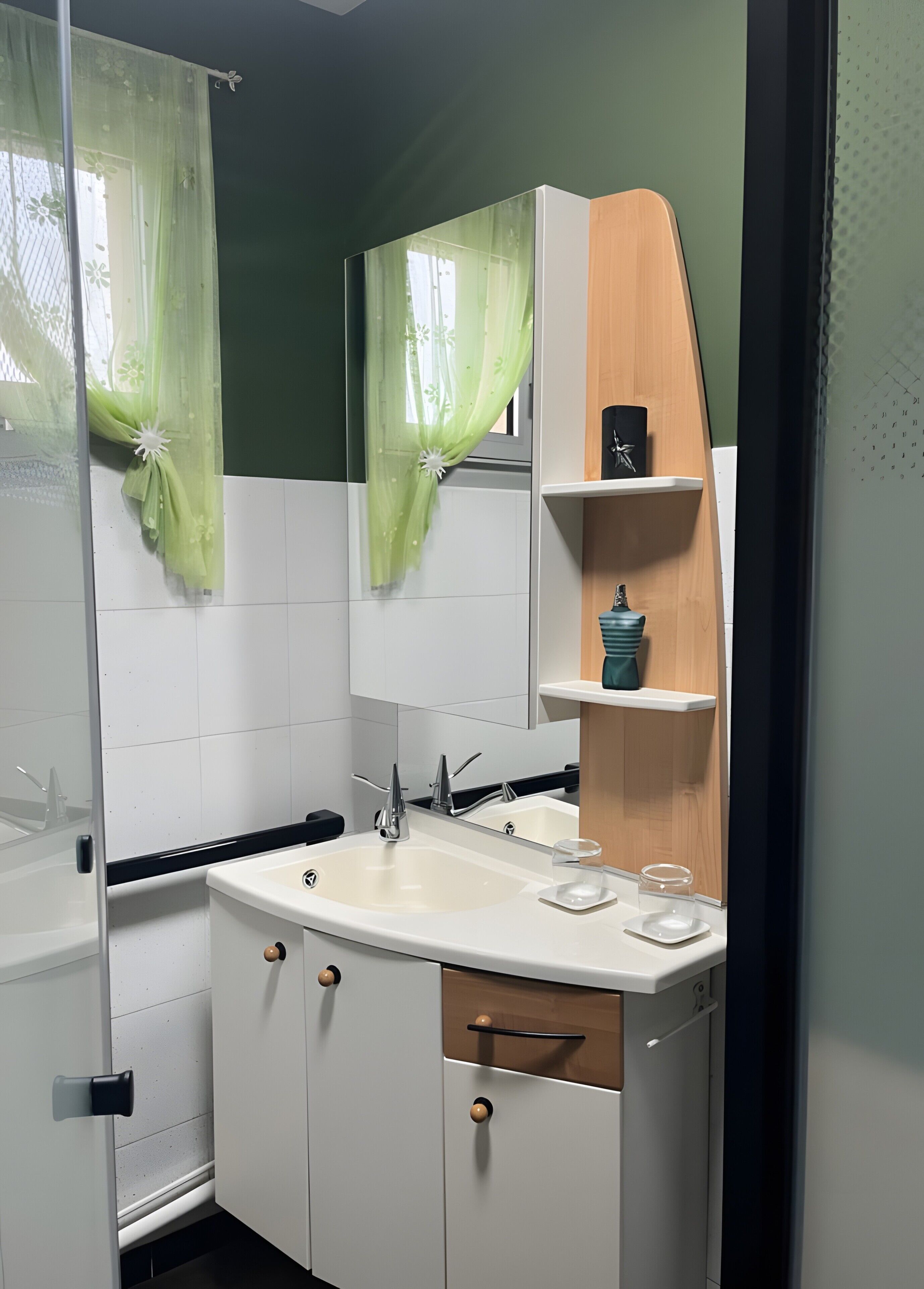 Un baño con lavamanos blanco, espejo y repisa de madera con un jarrón.