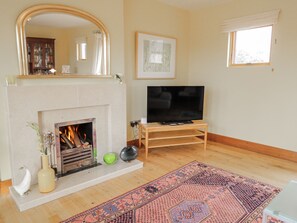 Ein Wohnzimmer mit Kamin, Fernseher auf einem Holzständer, einem großen Spiegel und einem gemusterten Teppich.