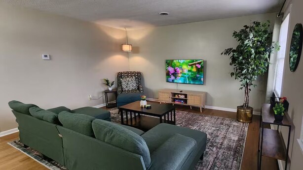 A living room with a green sofa set, a coffee table, a TV, a plant, and a window with blinds. - 2BR Near Sherman College & Shops (Boiling Springs)