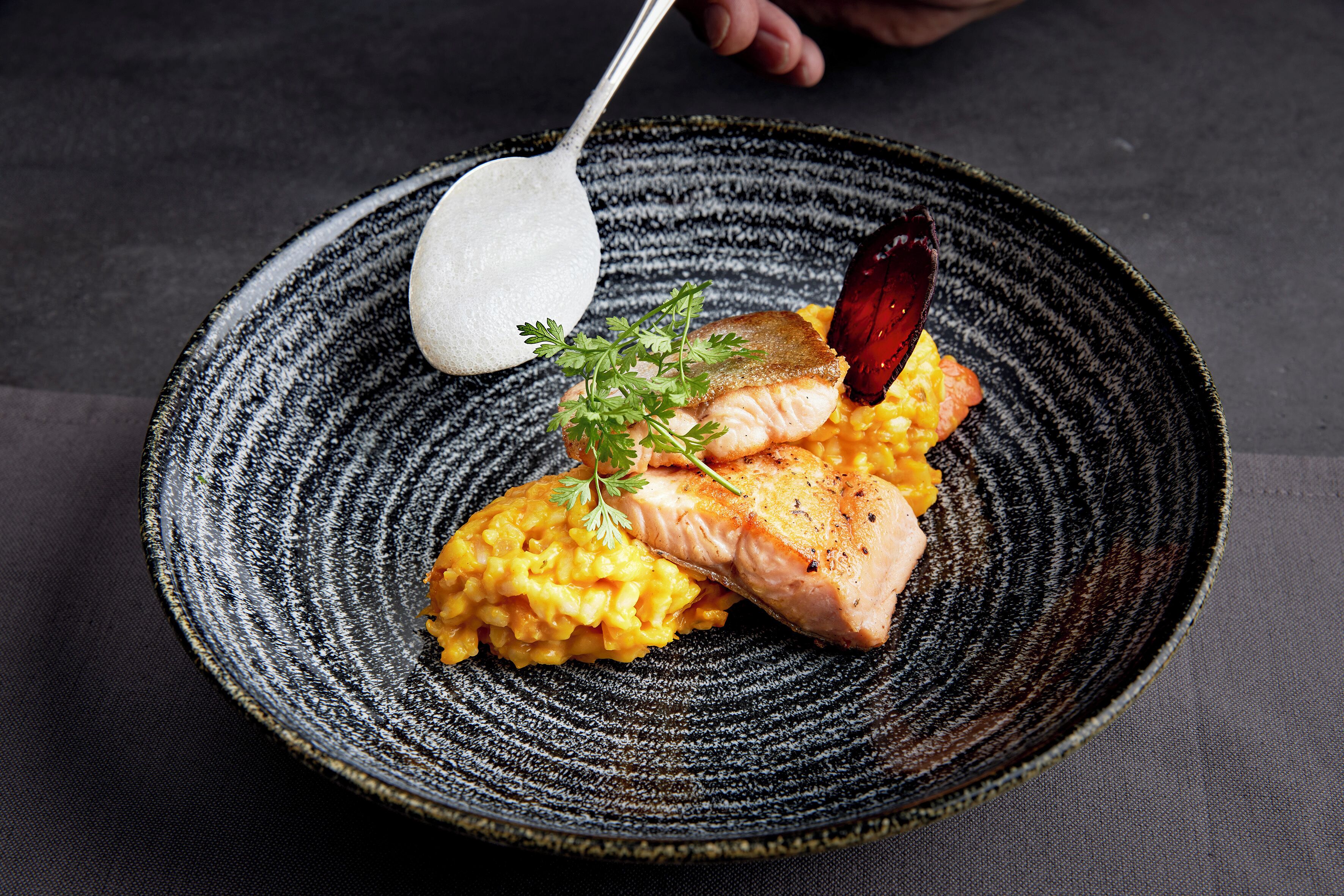 A plate with salmon, mashed potatoes, and a garnish.