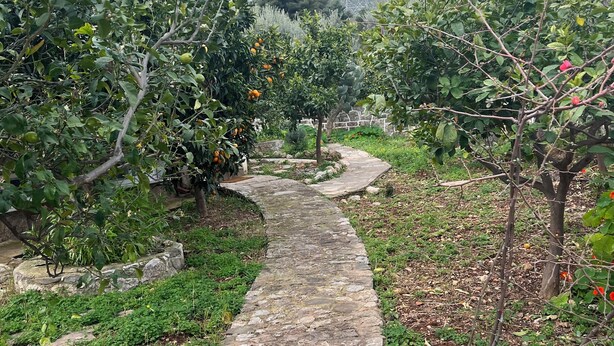 Um caminho de pedra serpenteia por um jardim com árvores frutíferas e montanhas ao fundo.