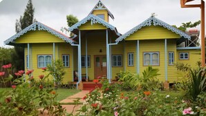 Una casa amarilla con porche y un pequeño jardín delantero.
