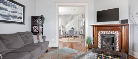 TV, fireplace, foosball, offices