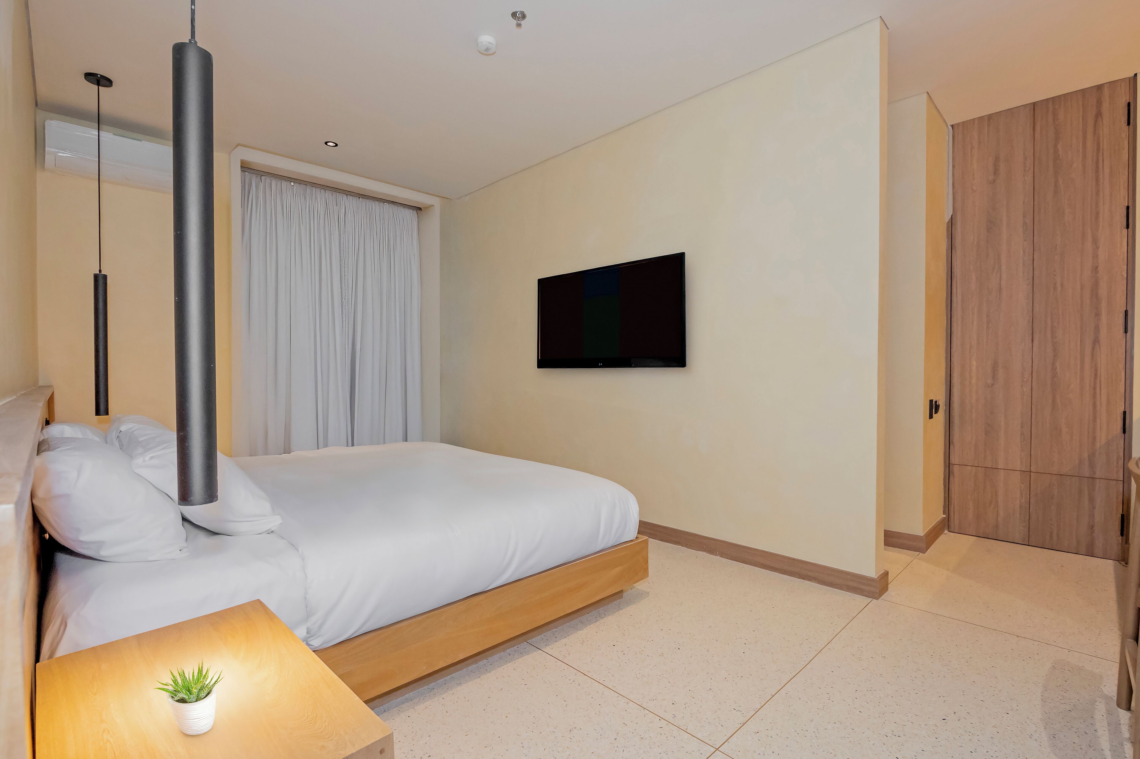A modern bedroom with a bed, a TV, a potted plant, and a wooden wardrobe.