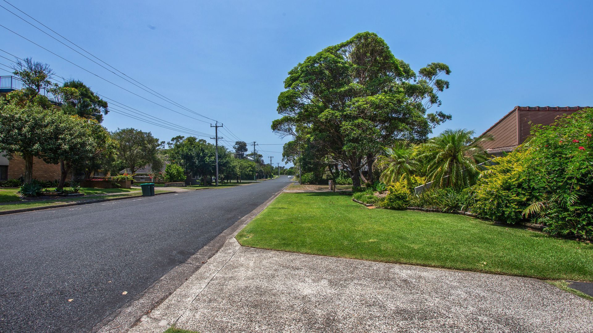 A residential street with houses on both sides, a clear sky, and lush greenery.