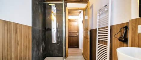 Shower, hair dryer, bidet, towels
