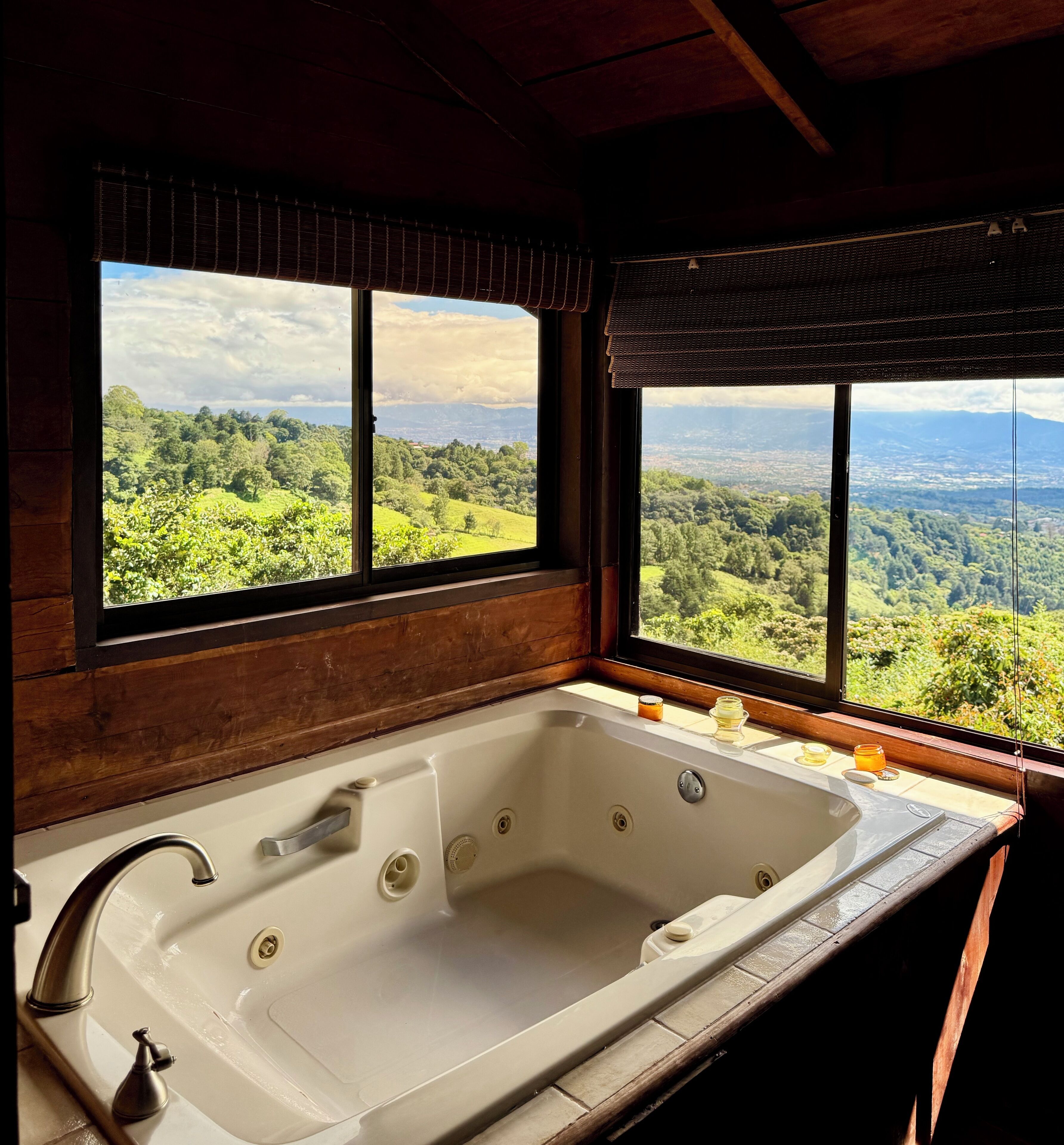 Shower, jetted tub, towels, soap