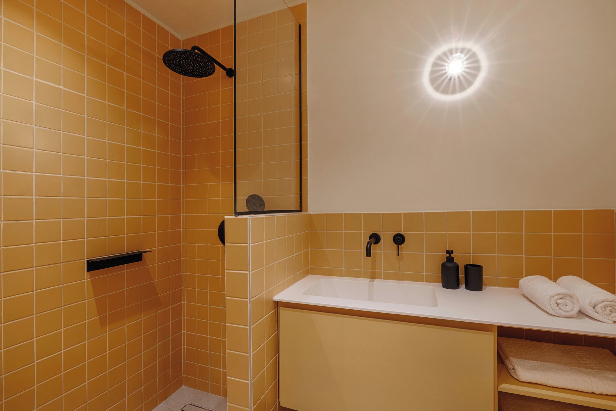 Un bagno con doccia, lavandino e porta asciugamani.
