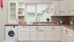 A modern kitchen with white cabinets, a built-in washing machine, a sink, and a window with blinds.