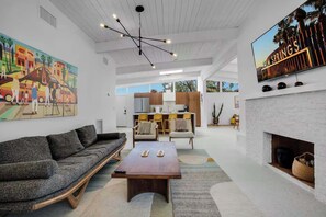 TV, fireplace, offices - Mid-Century Oasis w Heated Pool & Hot Tub  7min DT (Palm Springs)
