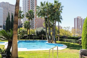 A swimming pool surrounded by palm trees and greenery, with tall buildings in the background. - Incredible views; Urbanization with Swimming Pool and Paddle Tennis (Benidorm)
