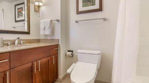 Une salle de bain avec un meuble-lavabo en bois, des toilettes et un rideau de douche.