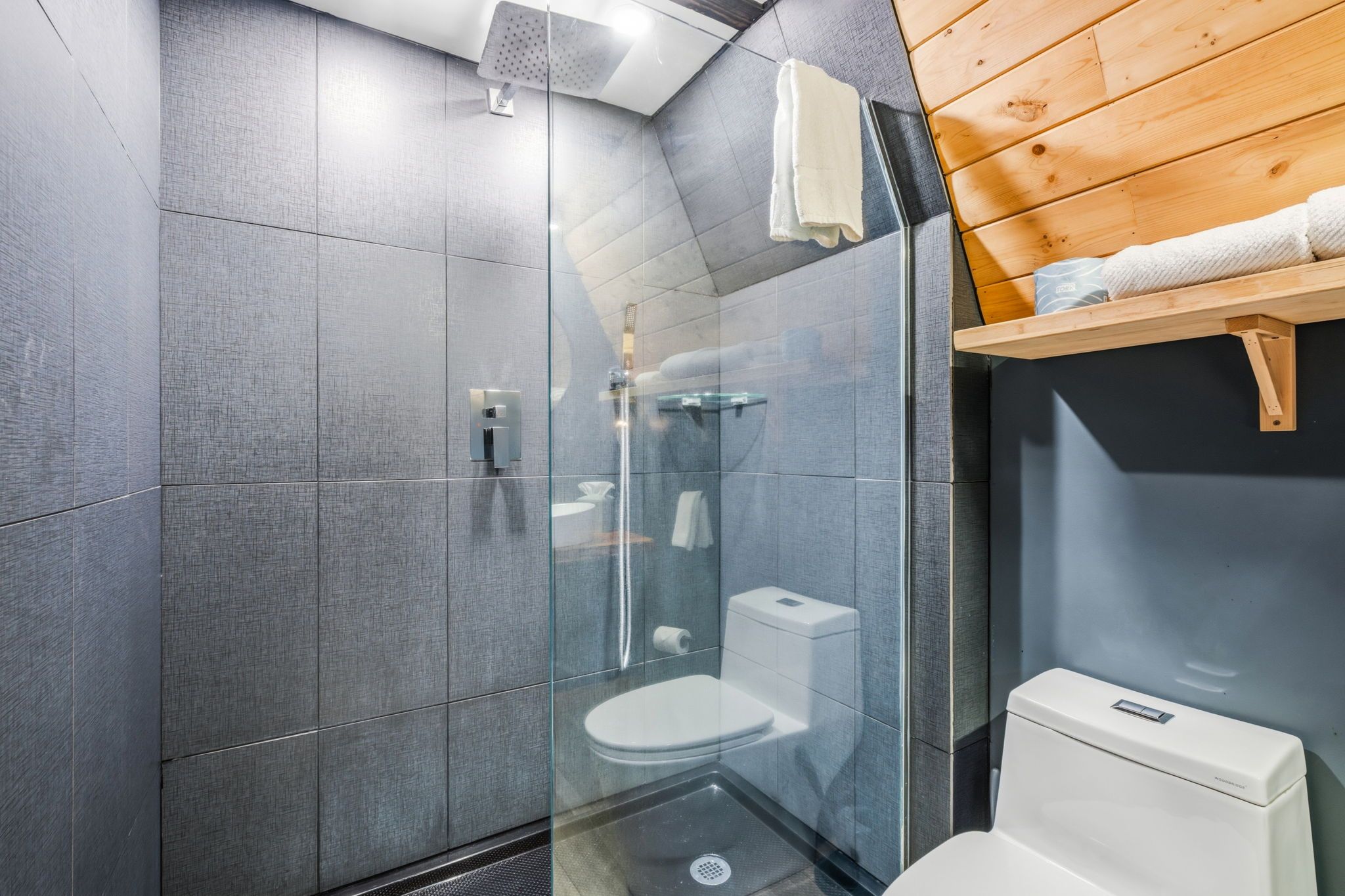 Een douche, een haardroger, handdoeken, shampoo