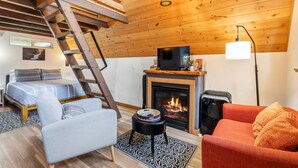 Een gezellige woonkamer met een open haard, een televisie, een bank, een fauteuil, een ladder en een kamerkleed met een patroon.