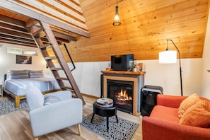 Een gezellige woonkamer met een open haard, een televisie, een bank, een fauteuil, een ladder en een kamerkleed met een patroon.