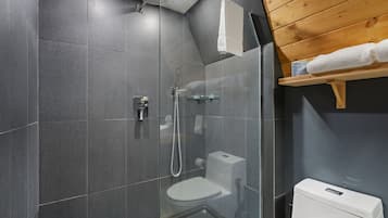 Et moderne badeværelse med en glasafskærmet brusekabine, et hvidt toilet og en træhylde med håndklæder.