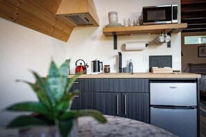 Frigorífico, microondas, placa de cocina y hervidor eléctrico