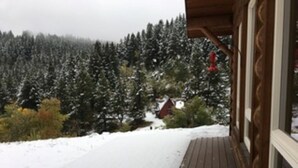 Una terraza de madera cubierta de nieve, con un bosque al fondo y un edificio con tejado rojo.
