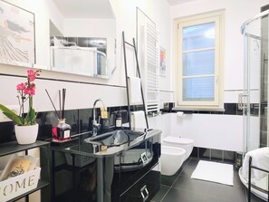 Shower, hair dryer, bidet, towels