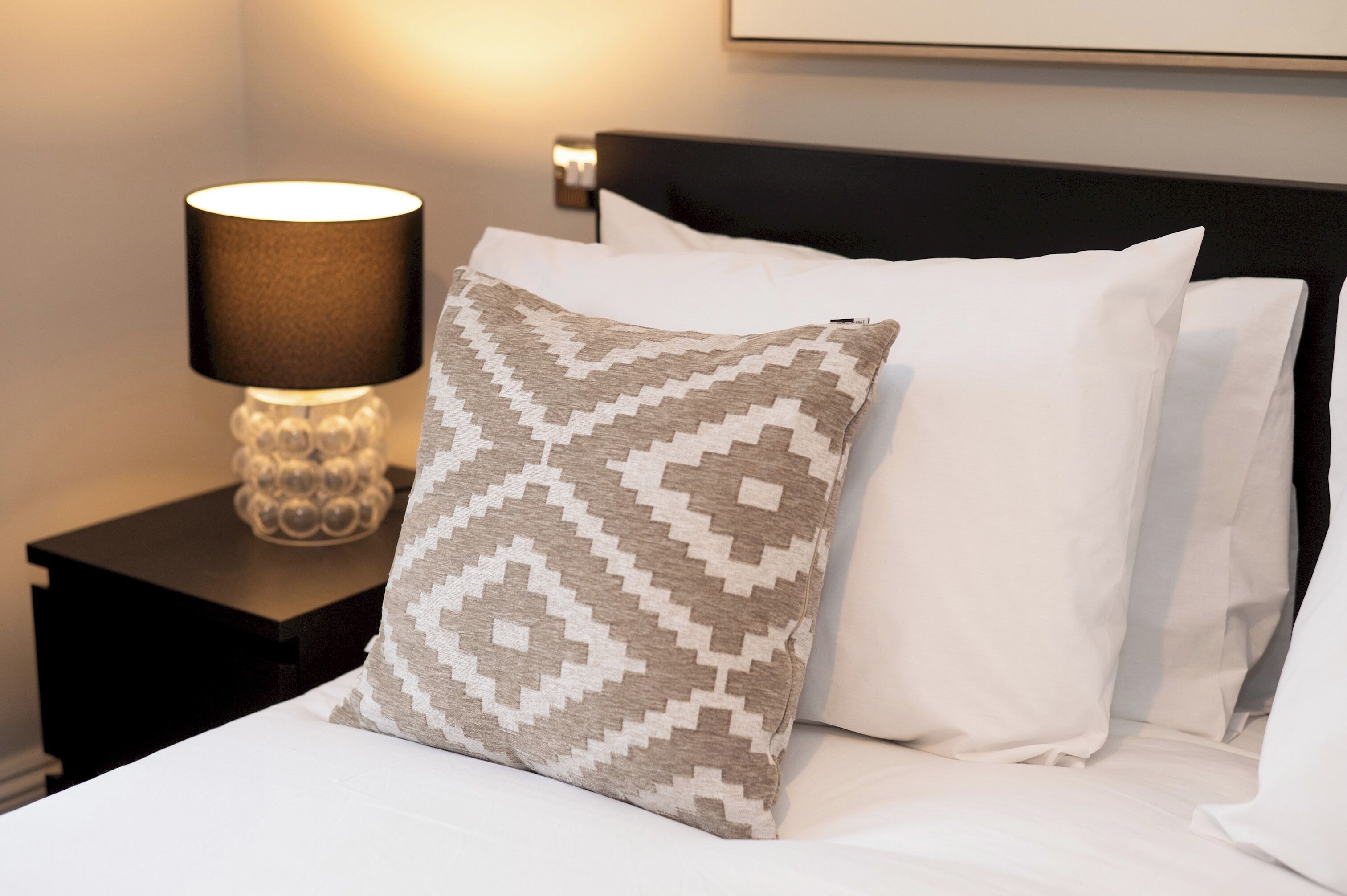 A neatly made bed with patterned pillows and a bedside lamp on a dark nightstand.