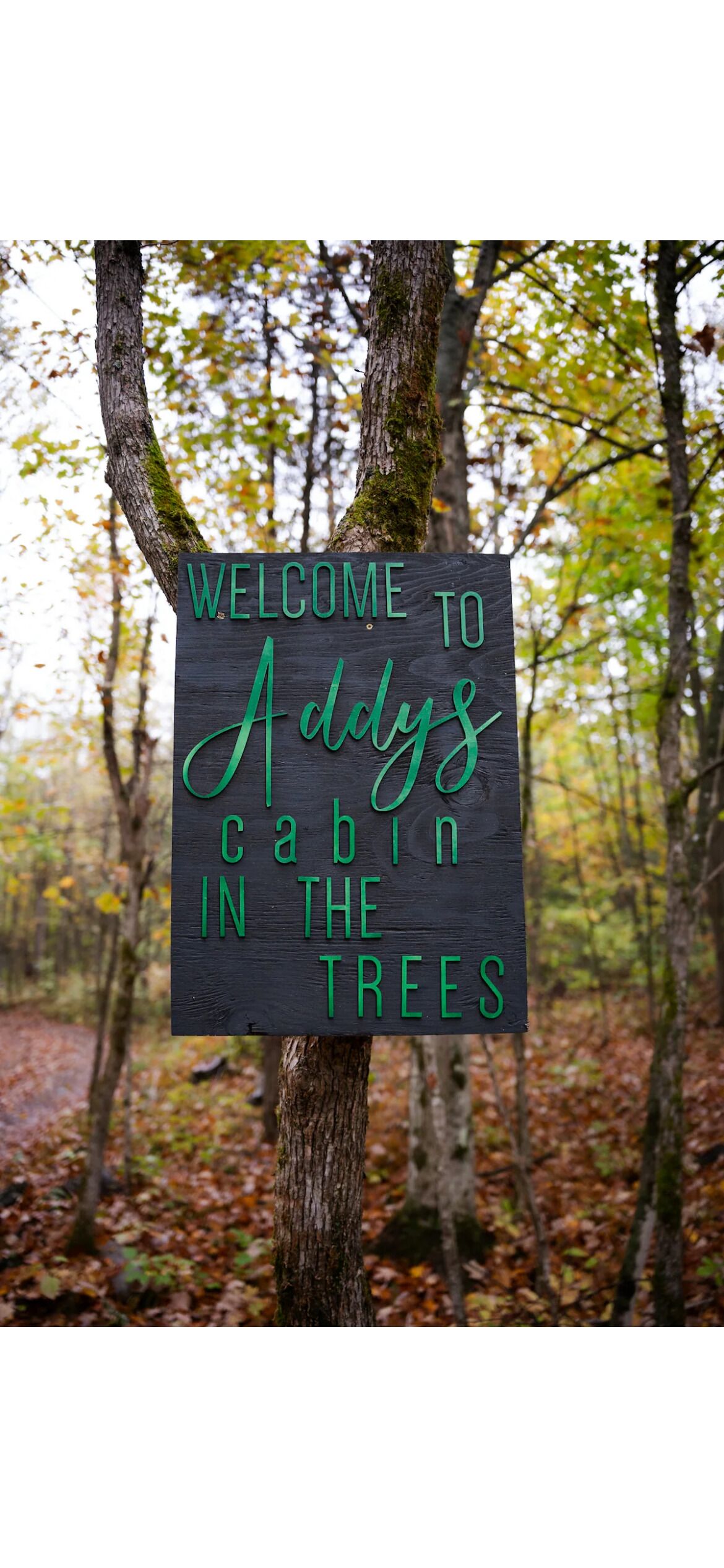 Une pancarte de bienvenue à l’entrée du chalet d’Addy, perché dans les arbres.