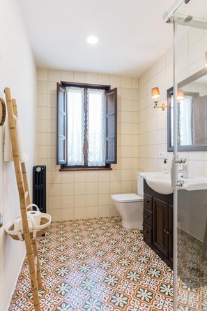 Shower, hair dryer, towels