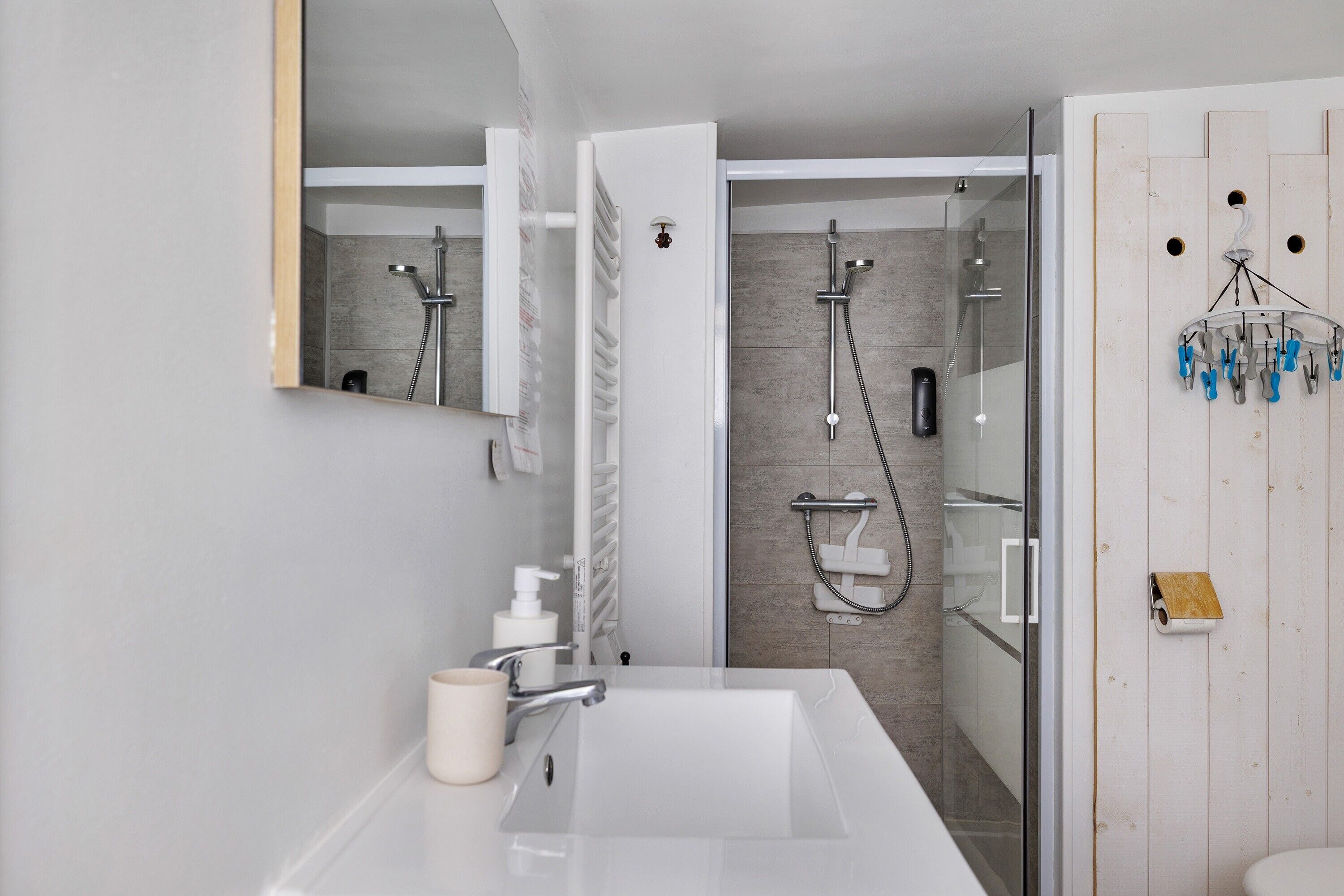 Shower, hair dryer, towels
