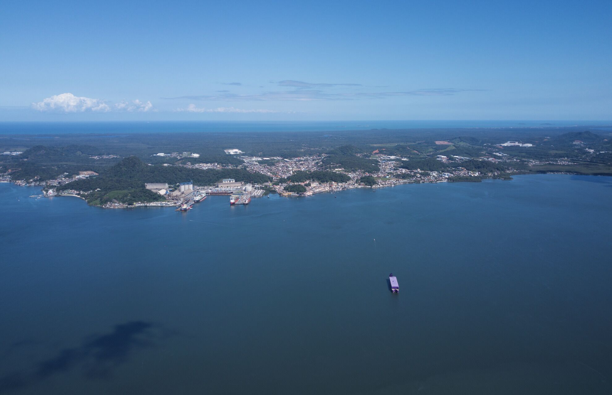 An aerial view of a coastal town with a marina, buildings, and surrounding greenery.