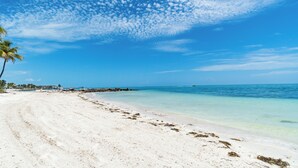 Una playa con agua azul cristalina, arena blanca y algunas palmeras.