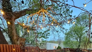 Een terras buiten met een tafel voor vier personen, omringd door stoelen, een barbecue en een decoratieve boom met lichtjes.