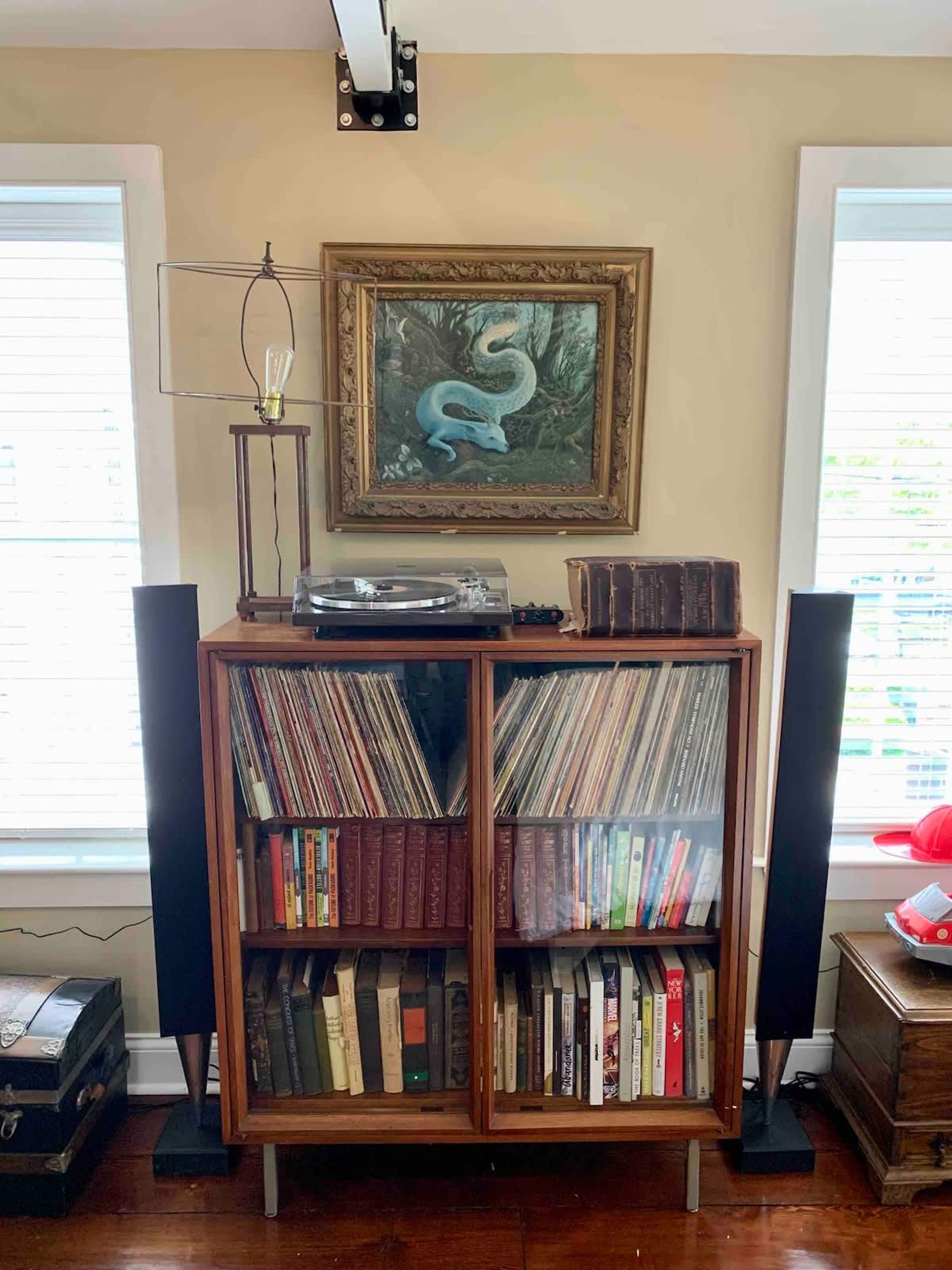 Ein Zimmer mit einer Holzbücherwand, voll mit Büchern und Schallplatten, einem gerahmten Gemälde einer blauen Füchsin an der Wand und einem Vintage-Radio obenauf.