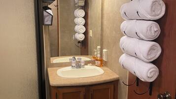 Shower, towels, toilet paper