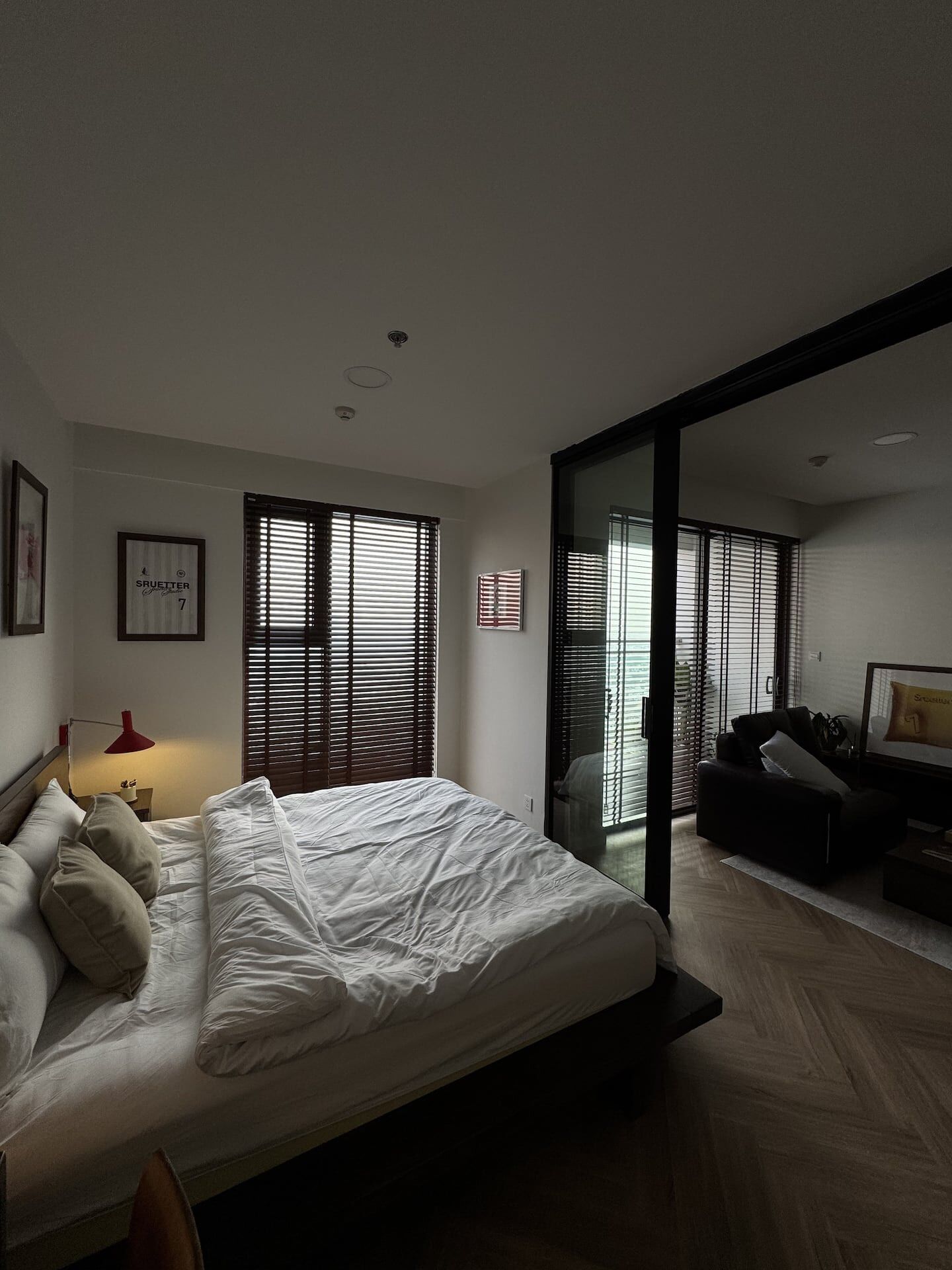 Desk, laptop workspace, blackout curtains, soundproofing